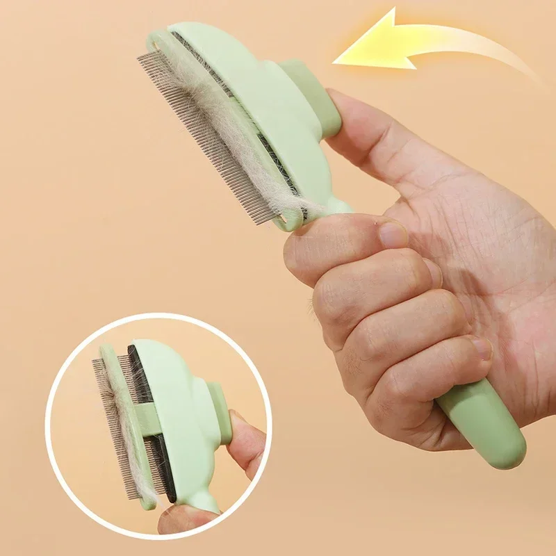 Hair Care Is Self Care - ワンボタンセルフクリーニングペットグルーミングコーム、ステンレス製のもつれ解消ブラシ、ABSハンドル、猫犬用毎日の抜け毛ケア