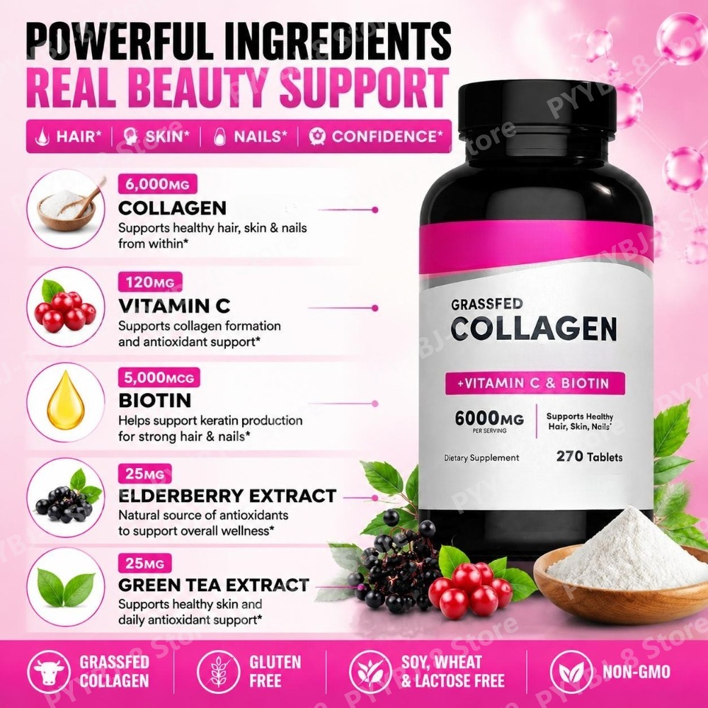 コラーゲン錠剤 6000mg ビタミンCとビオチン配合、髪・ - Hair Care Vitamin のレビューと価格